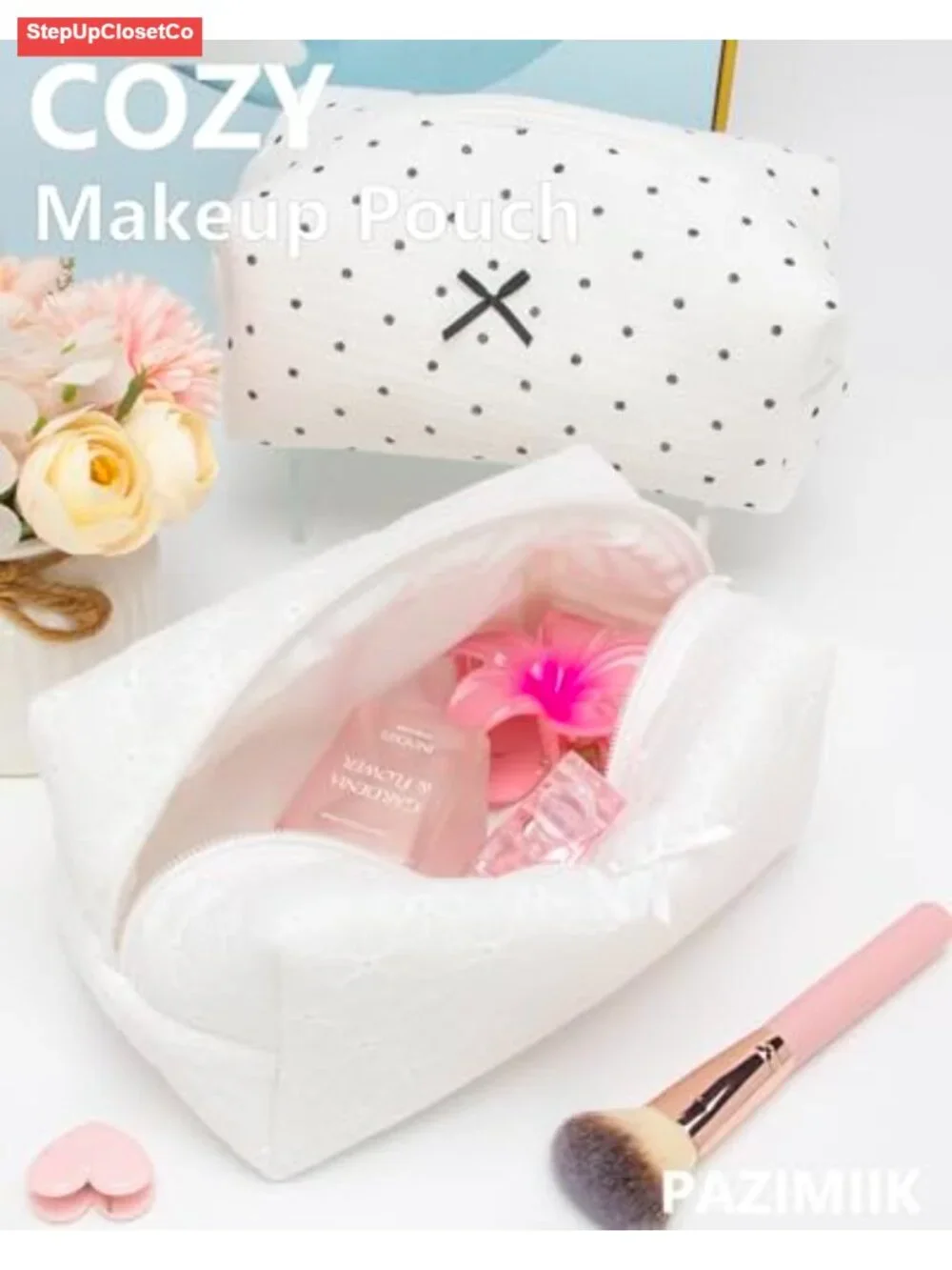 Set of 2 Floral Embroidered Makeup Bags, Zipper Cosmetic Pouch, Travel
